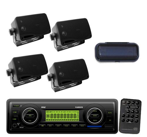 Plmr87wb in dash marine mp3 aux wb usb sd receiver, cover, 4 white mini speakers