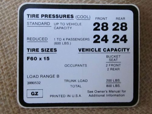 Gm tire decal 3990532 tire pressure decal f60-15 1970&#039;s  gm two door auto