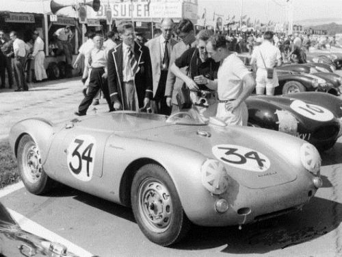 Porsche 550 in pits with stirling moss 1955 vintage  poster new