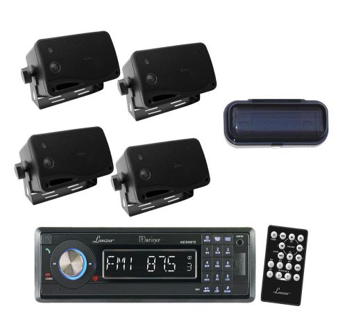 Aqcd60btb black marine aux cd sd mp3 usb radio, 4 black mini box speakers, cover