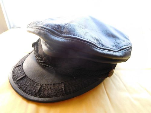 Vintage leather motorcycle cap hat with lace and anchor buttons sz medium