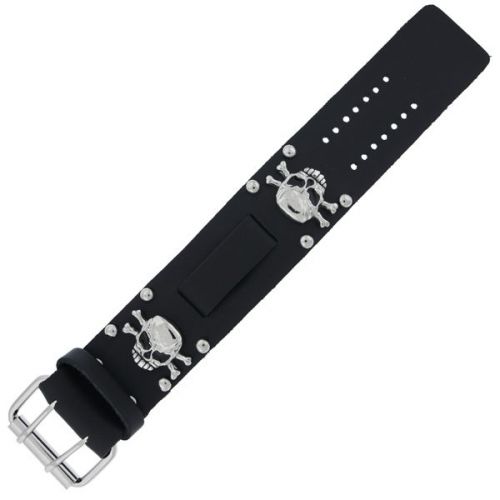 Wide heavy biker leather band skull-n-crossbones medallion made in usa