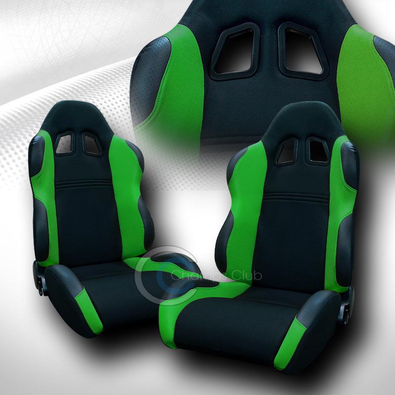 Universal jdm-ts blk/green cloth car racing bucket seat+sliders pair subaru jeep