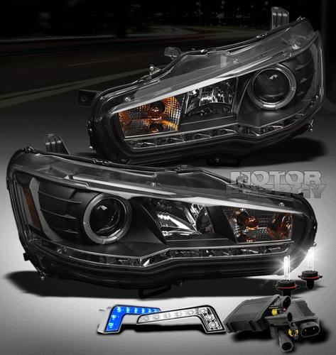 2008-2012 lancer evo x halo led black projector head light w/blue drl+6k hid kit