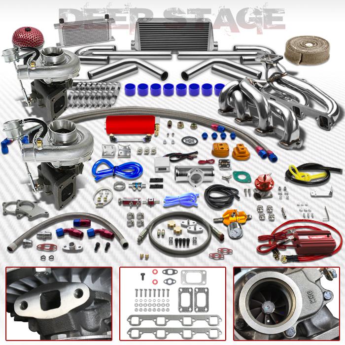 T04e t3/t4 v-band 22pc twin turbo kit+intercooler+manifold87-94 mustang ohv 5.0l