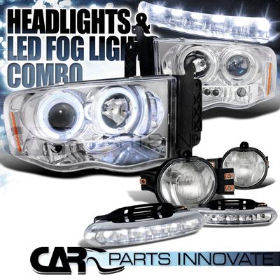 02-05 ram 1500 chrome led halo projector headlights+clear fog lights+6-led drl