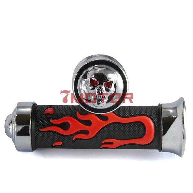 7m 7/8" new chrome skull red flame handlebar hand grips for honda suzuki yamaha