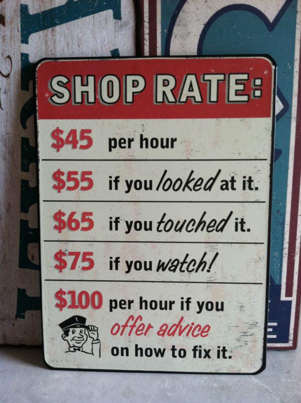 Firm shop rates metal sign.garage shop,chevy ford,man cave.cool rates?