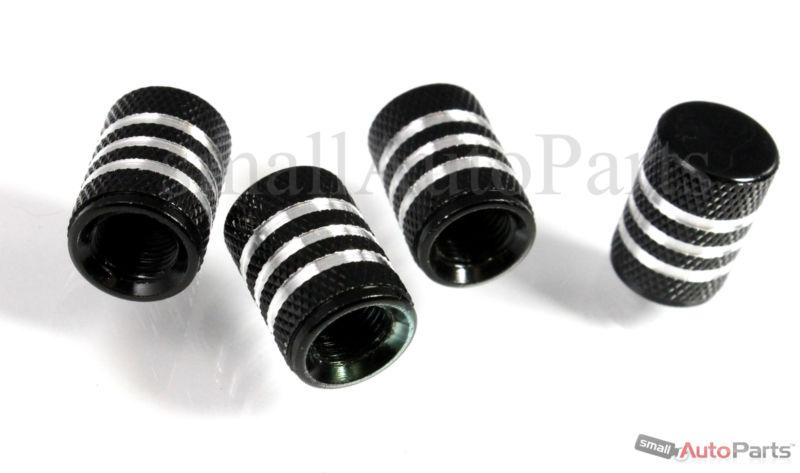 (4) car truck bike *black  aluminum* tire valve stem caps with chrome stripes