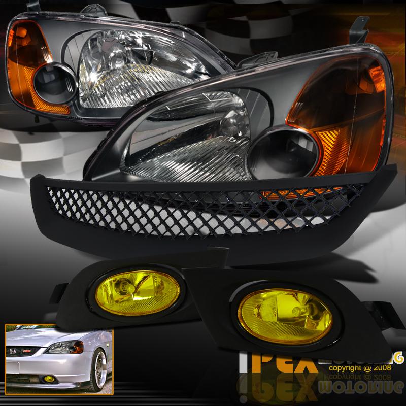 Value combo: honda civic black headlights + type-r mesh grill +yellow fog light