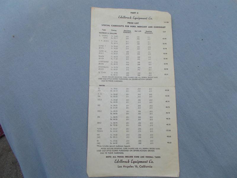 Vintage edelbrock price list 1954 v8 ford flathead 32 roadster coupe rat hot rod