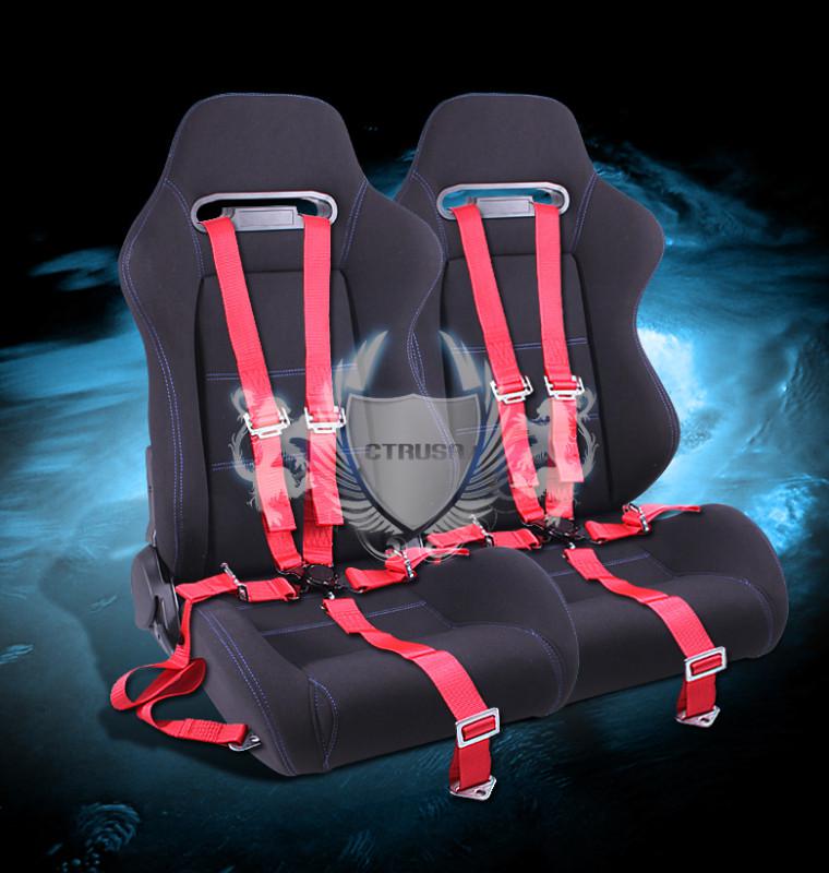 2x blk/blue stitch racing bucket seats fabric +5-pt red belts camlock strap pair