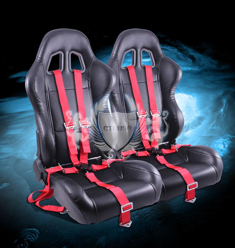 2x jdm black turino sport racing bucket seats+5-pt red belts camlock strap pair