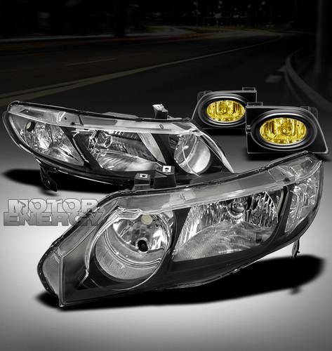 2006 2007 2008 honda civic 4dr crystal jdm black head lights+yellow fog lamp kit