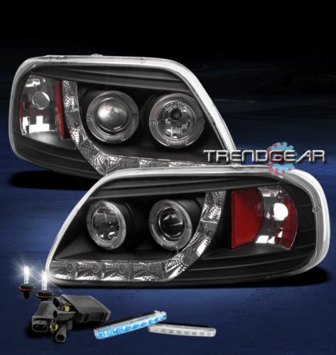 97-03 f150/97-02 expedition halo led black projector head light+blue drl+hid kit