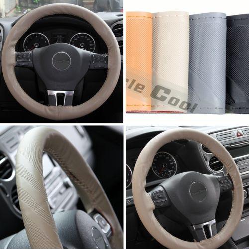 14"-15" 38cm chevrolet 43013 leather wrap car steering wheel cover beige thread 