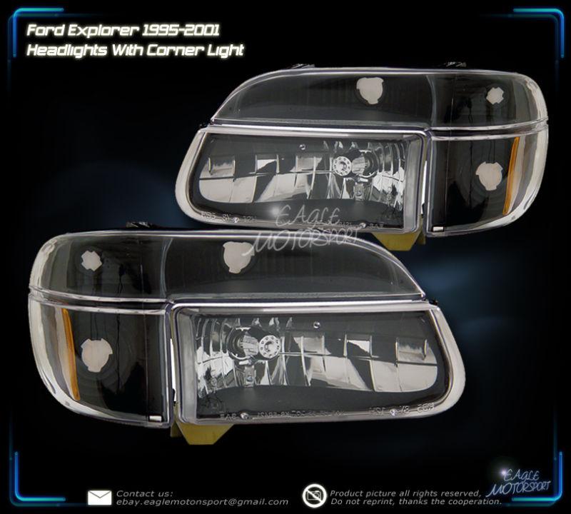 1995-2001 ford explorer crystal black blk headlights+corner +amber reflector