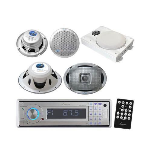 New silver marine cd/mp3 am/fm media w/bluetooth 1000w slim amp /4 speakers pkg