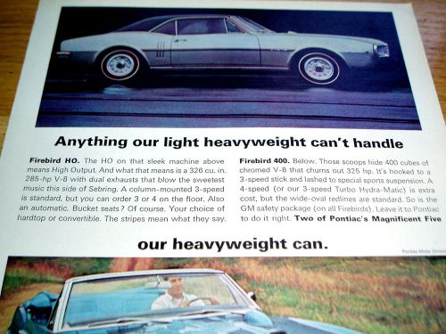 1967 pontiac firebird 400 &amp; ho-original ad/poster-326 v8 engine/block/heads/1968