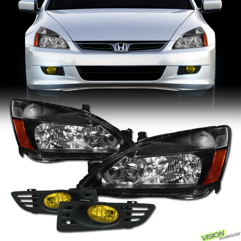 Blk housing amber reflector head lights+yellow lens fog lamps 03-05 accord coupe