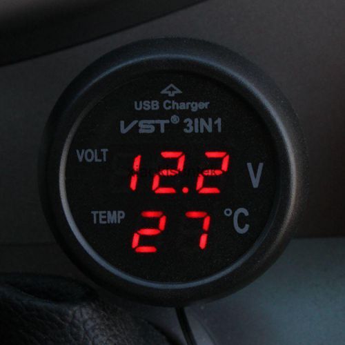 Car red led digital voltmeter, voltage gauge test, thermometer, usb charger