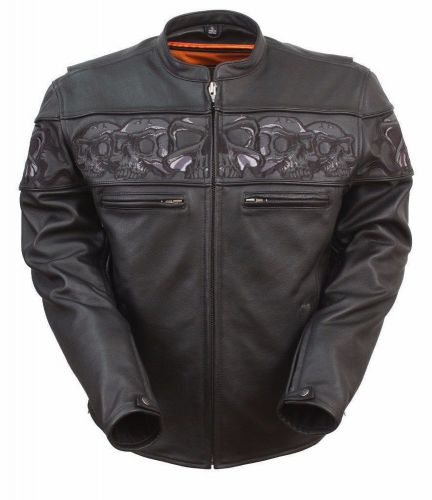 Mens leather sporty motorcycle biker scooter jacket with reflective skulls