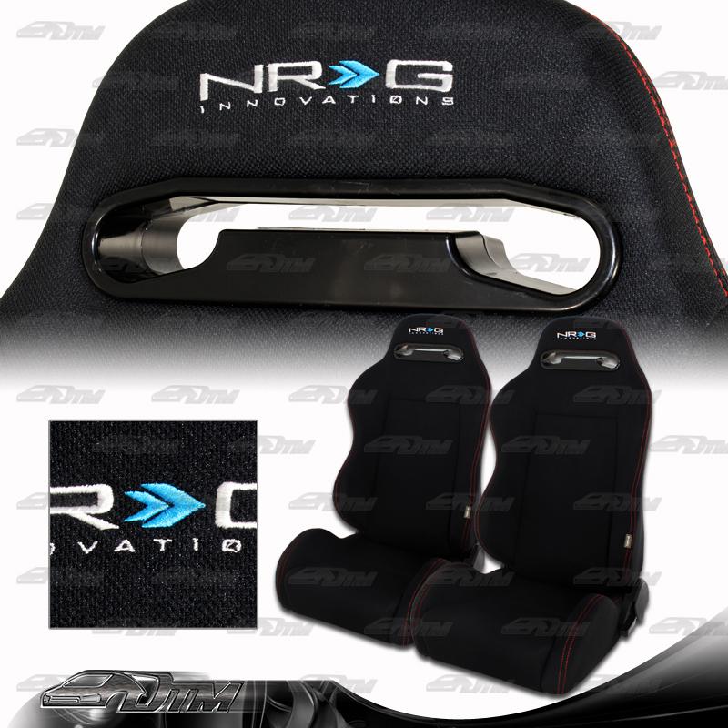 1x pair universal nrg tr style black cloth reclinable racing seats with sliders