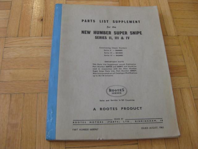 1962 humber super snipe series ii iii iv parts list supplement manual