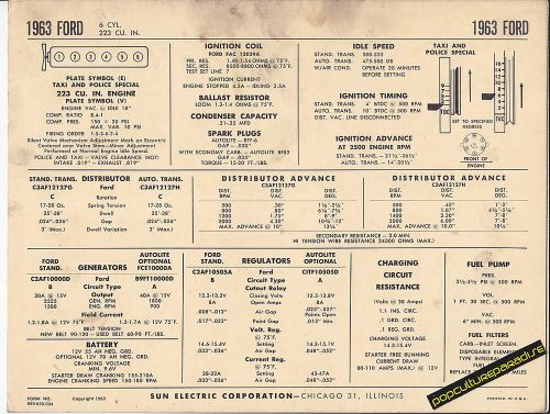 1963 ford 6 cylinder 223 taxi &amp; police special car sun electronic spec sheet