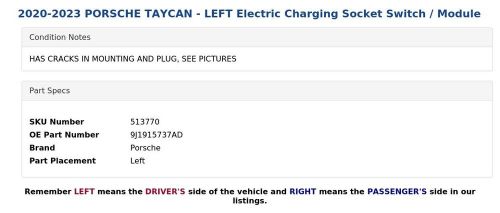 2020-2023 porsche taycan - left electric charging socket switch / module