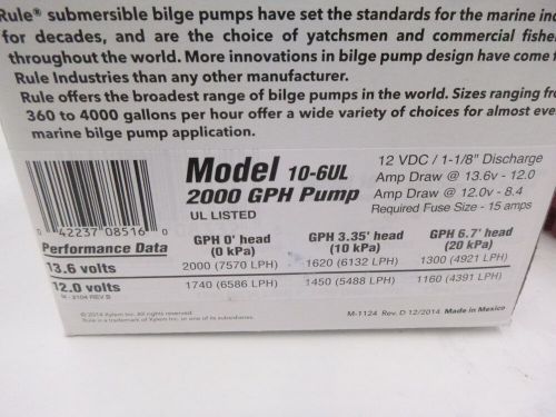 Rule 10-6ul heavy duty bilge pump 2000gph 12vdc 1-1/8&#034; discharge