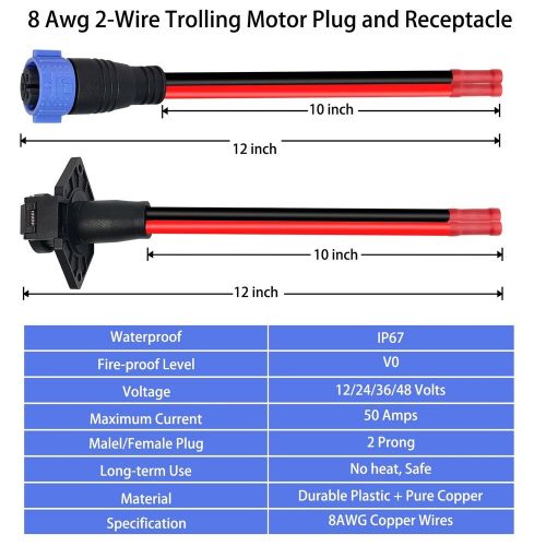 Trolling motor plug and receptacle,12v/24v/36v/48v 2-wire 8 gauge trolling mo...