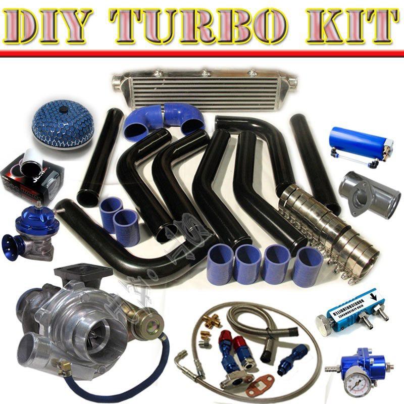 Jdm t3/t4 v-band turbo charger+intercooler+piping kit+filter+bov type-rs bk/blue