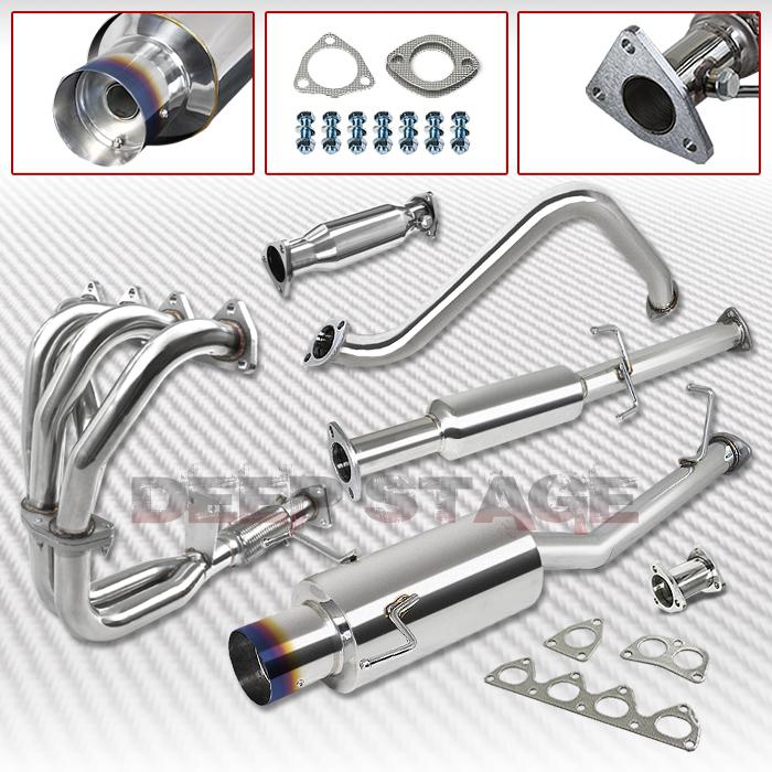 Ss cat back exhaust 4"burn tip muffler+downpipe+header 97-01 honda prelude h22a4