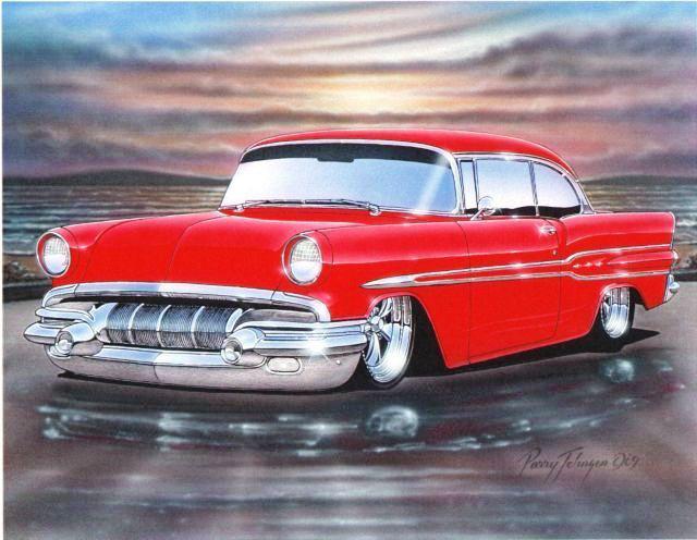 1957 pontiac chieftain 2 door hardtop hot rod car automotive art print red