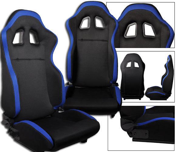 New 2 black & blue cloth racing seat reclinable w/ slider 1964-2012 ford mustang