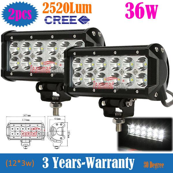 2pcs 7inch 36w cree led work light bar 2520lm flood beam 4x4 offroad lamp spot