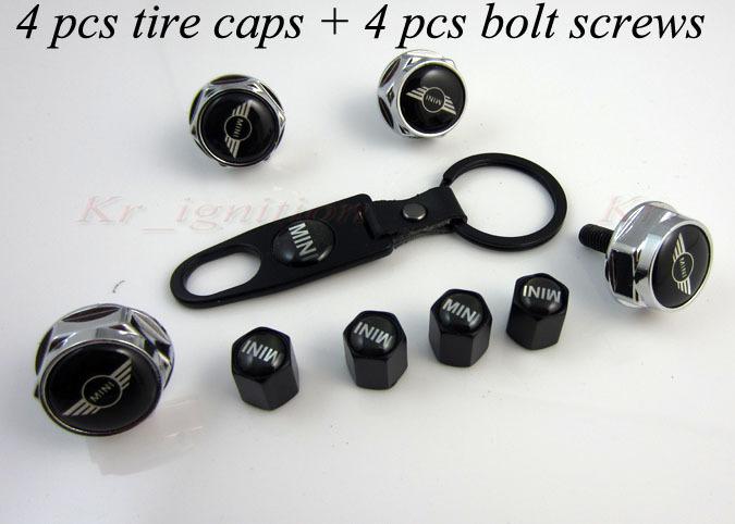 8 pcs new license plate bolt screws&tire/wheel valve caps set for mini