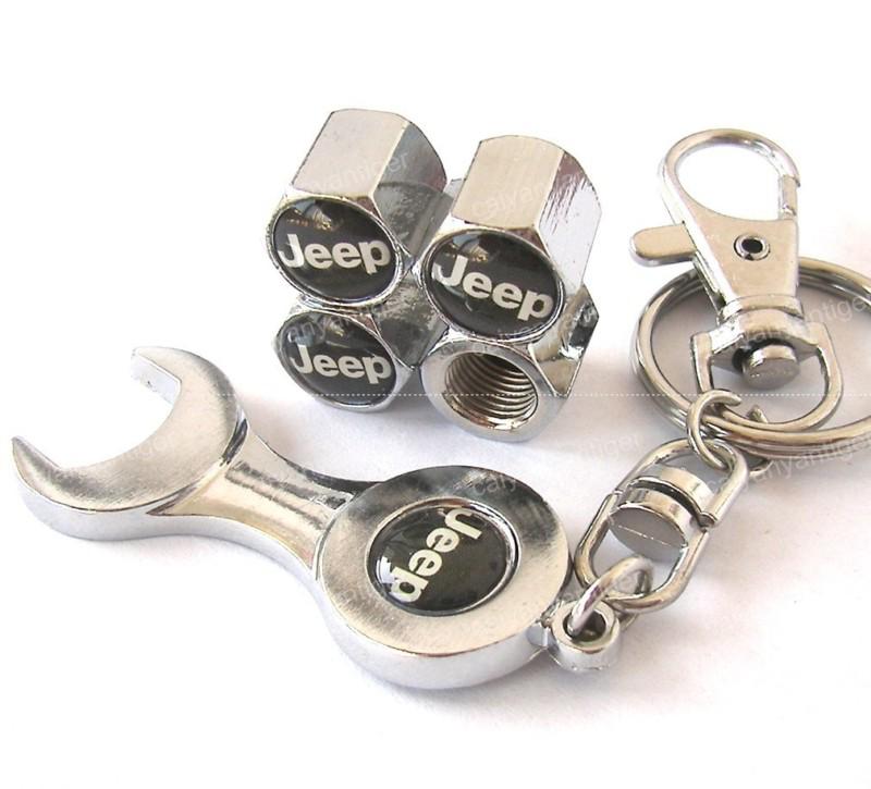 Black jeep emblem wheel tyre tire valve air dust caps covers + wrench keychain