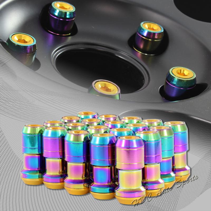 20pc m12 x 1.25mm thread pitch wheel rim tuner 1.9" long lug nut gold/neo chrome