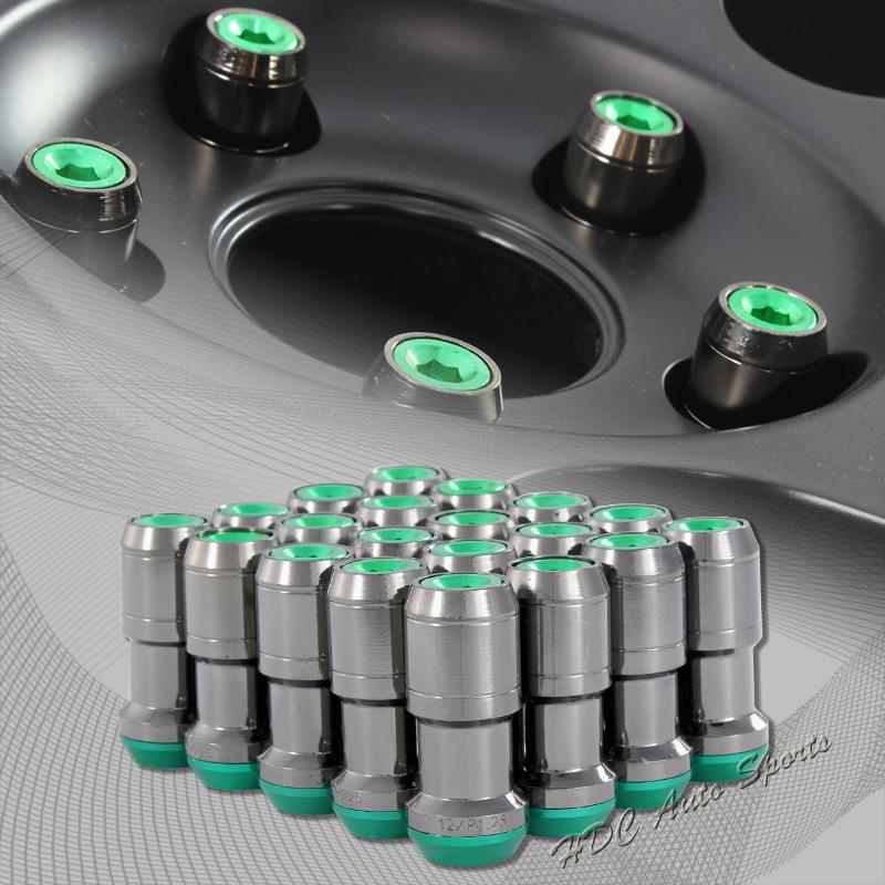 20pcs m12 x 1.25mm thread pitch wheel rim tuner 1.9" long lug nut green/gunmetal