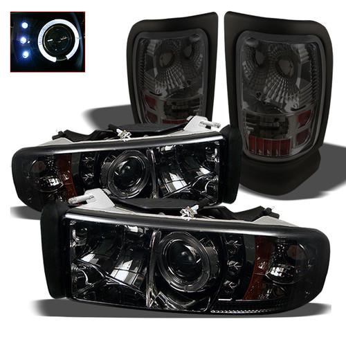 94-01 ram pickup halo projector led smoked headlights+smoked tail lights set