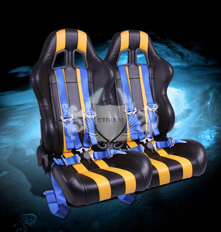 2x universal blk/yellow  stripe pvc racing seats +4-pt camlock blue harness