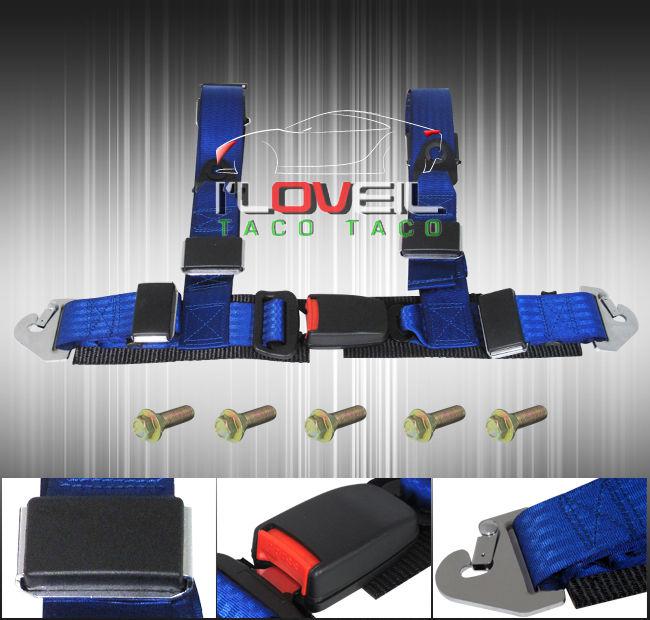 2" jdm drift single 4 point blue racing seat belt + quick snap harness straps