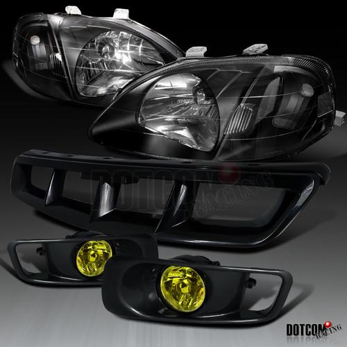 99-00 honda civic 2/3/4dr black headlights+hood grill+yellow bumper fog lights