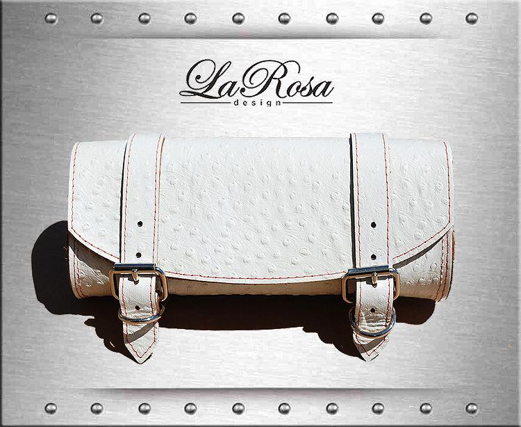 Larosa white ostrich design leather harley softail dyna sportster front tool bag