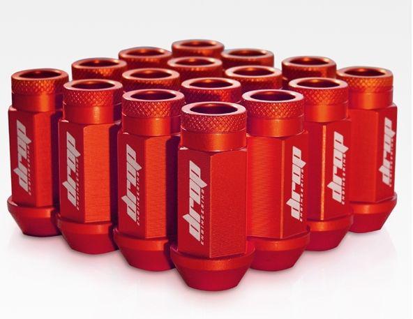 Drop engineering red aluminum open ended lug nuts, m12x1.25 - set of 16