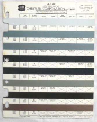 1964 chrysler dodge plymouth acme  color paint chip chart all models  mopar 