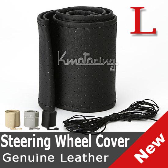 Wow genuine leather size l diy car steering wheel cover + needles thread black 