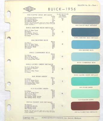 1956  buick acme proxlin  color paint chip chart all models original 